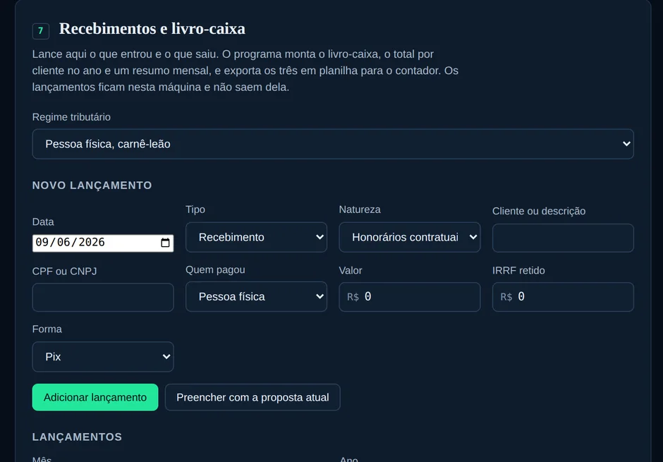 Livro-caixa com lançamentos e resumo mensal