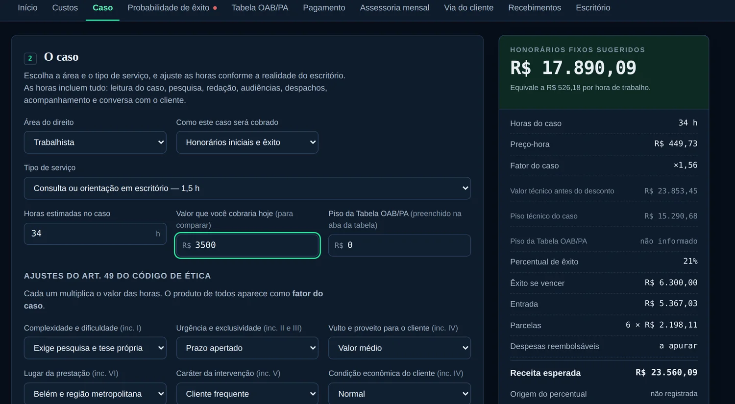 Aba do caso com área trabalhista, regime de cobrança e os multiplicadores do art. 49