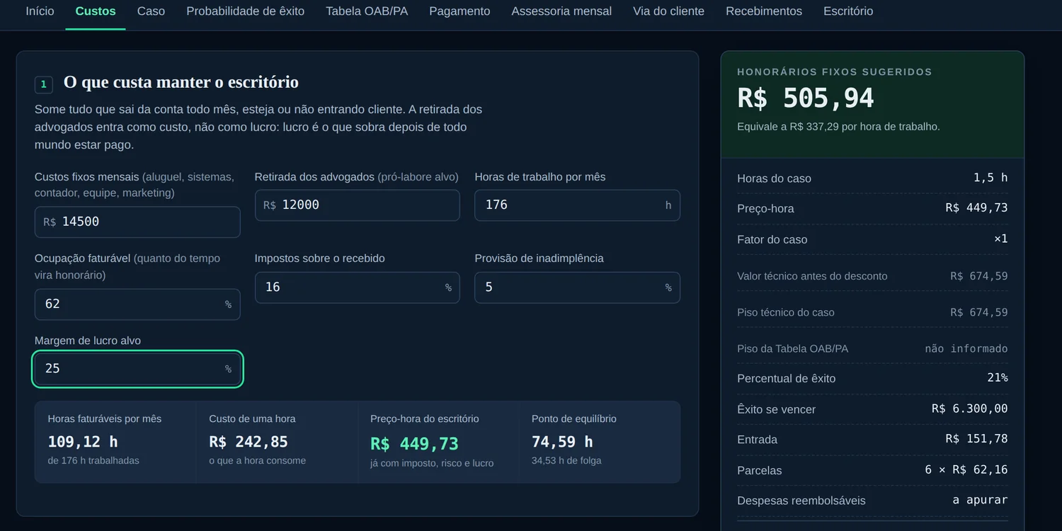 Aba de custos com custo fixo, pró-labore, horas faturáveis, imposto, inadimplência e margem