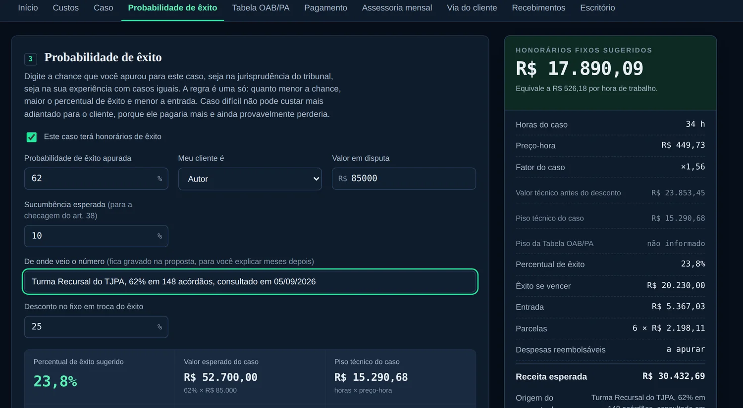 Aba de probabilidade de êxito com a chance apurada, o valor em disputa e o percentual resultante