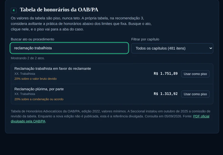 Busca na tabela de honorários da OAB