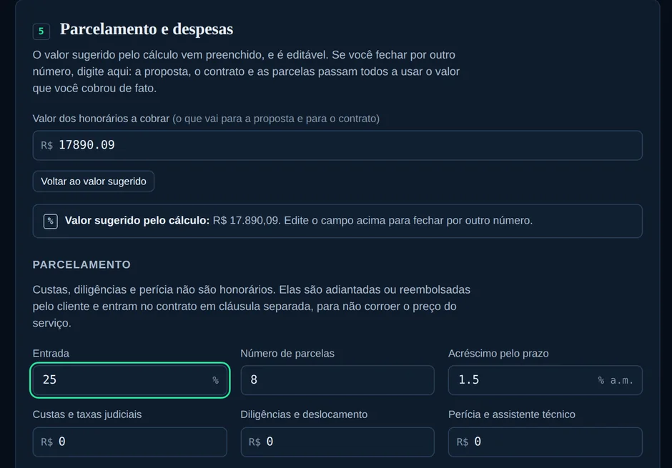 Aba de parcelamento com entrada, parcelas e juros